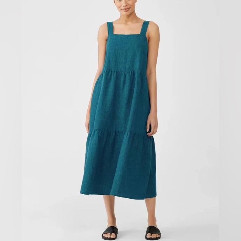 Eileen Fisher Washed Organic Linen Delave Tiered Blue Square Neck Midi Dress SM